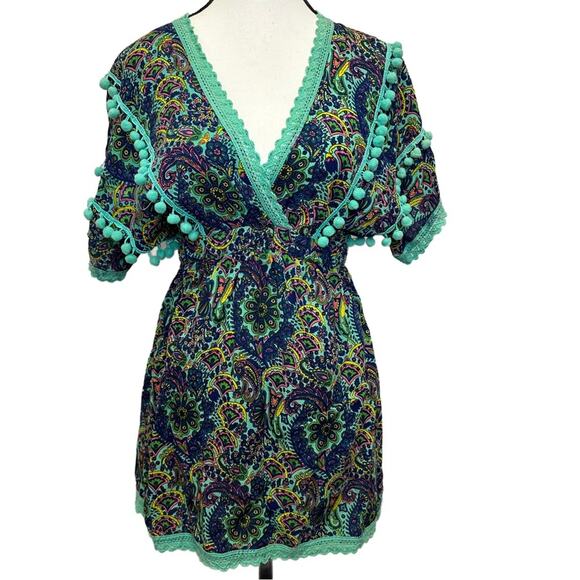 America & Beyond Small Boho Tunic | Blue & Green Paisley Print - Picture 2 of 11